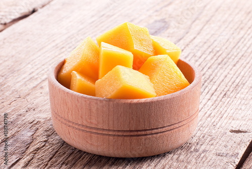cubes of mango pulp in a bowl