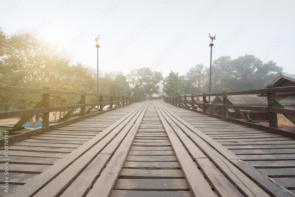 Old wooden bridge (MON BRIDGE) at Sangklaburi in Kanchanaburi province, Thailand