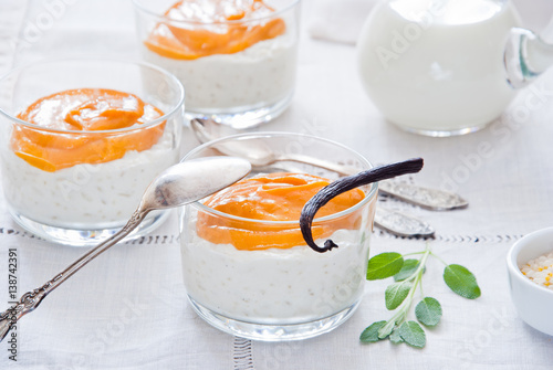 Rice pudding with mango custard