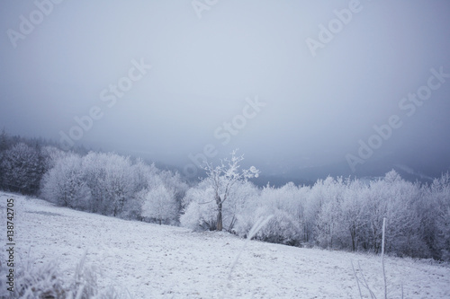 Winter view on landscape from hills of Valachia, Czech Republic