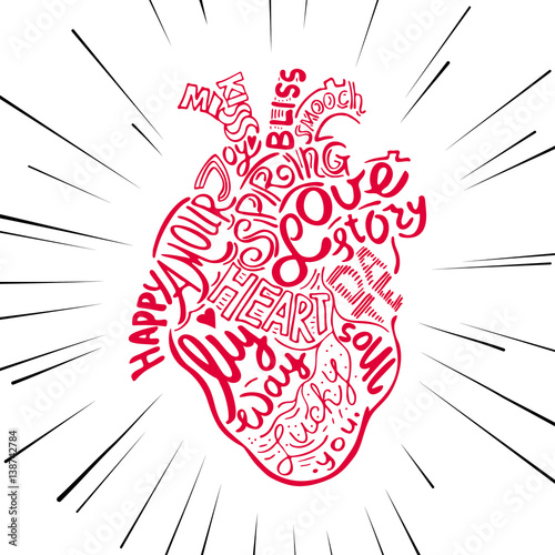 Hand drawing sketch anatomical heart. Lettering doodle vector illustration. Many inspirations in heart shape.