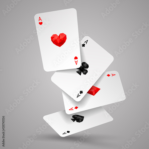 Set of four aces playing cards fly or fall. Winning poker hand. JPG include isolated path