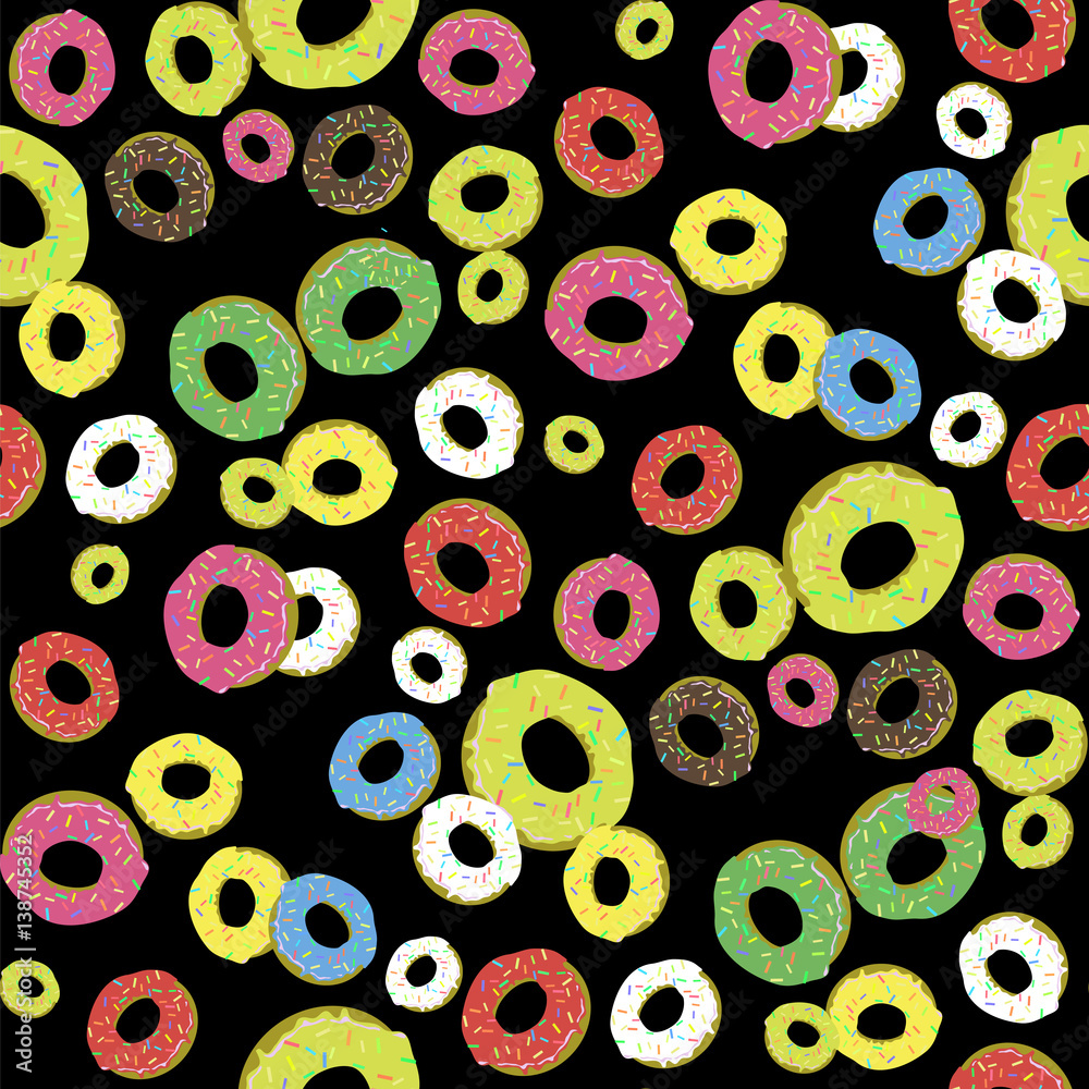 Colorful Fresh Sweet Donuts Seamless Pattern on Black Background. Delicios Tasty Glazed Donut. Cream Yummy Cookie.