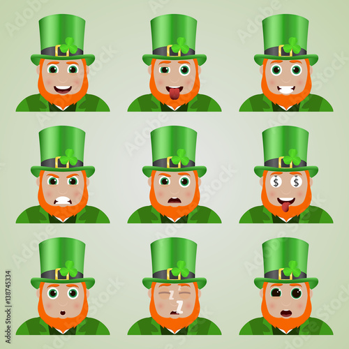 Set of cute leprechaun emoticons.