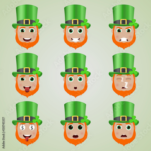 Set of cute leprechaun emoticons.