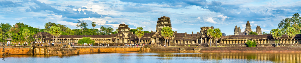Panorama of Angkor Wat across the moat, a UNESCO world heritage site in Cambodia