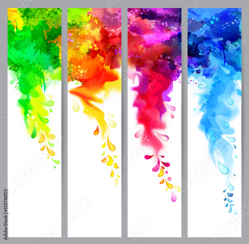 Set of four holi banners, abstract headers with colored splash blots. Bright spots and blobs for holiday backgrounds.
