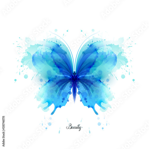 Beautiful blue watercolor abstract translucent butterfly on the white background. Wings look like wet watercolor splashing.