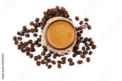 Coffee beans and coffee cup with white background