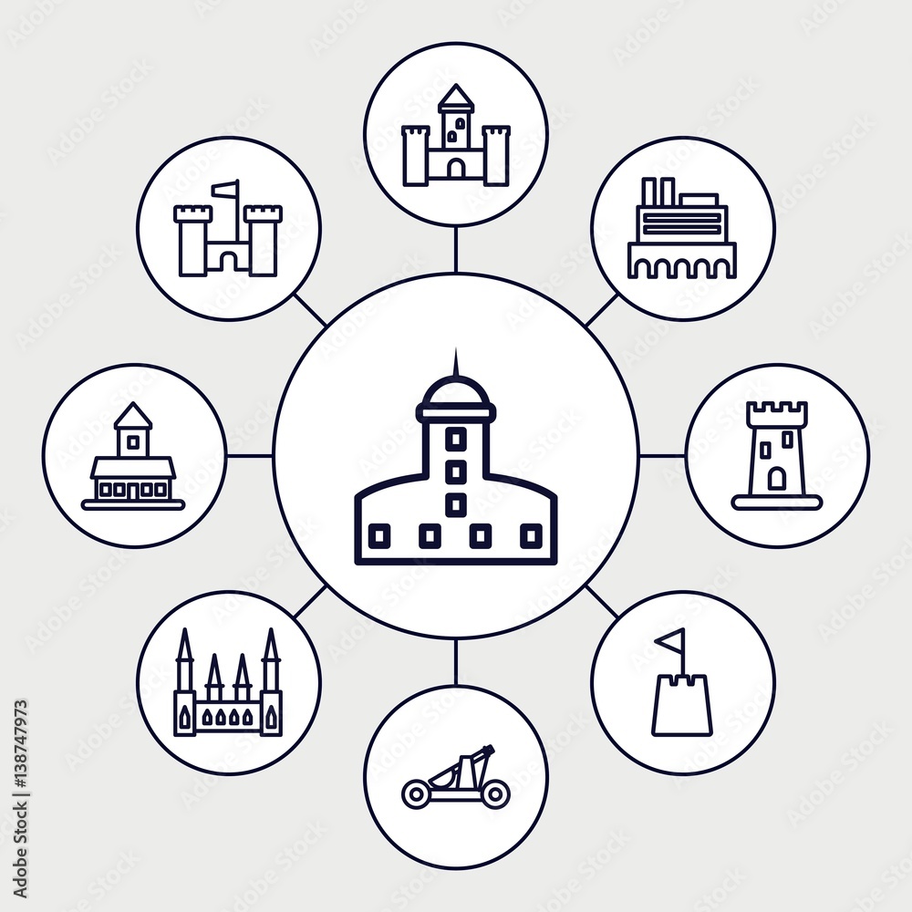 Set of 9 fort outline icons