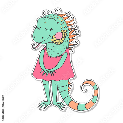 Cute iguana with closed eyes in pink dress