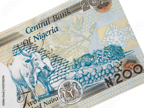 Nigeria 200 naira banknote close up isolated, Nigerian money closeup.