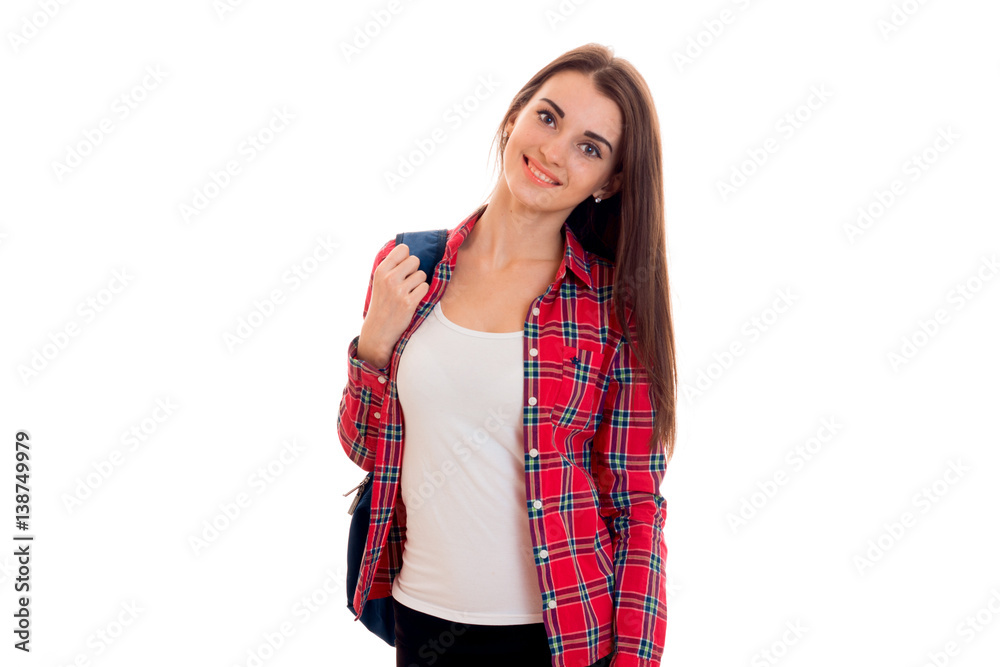 beautiful young girl in t-shirt and shirt holding a Briefcase with a ...