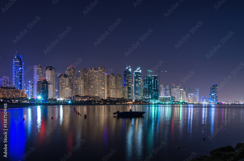 Panoramic view of Dubai Marina at night