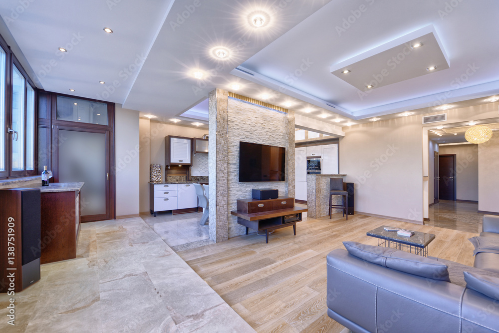 Russia, Moscow - modern designer renovation in a luxury building. The interior of the living room