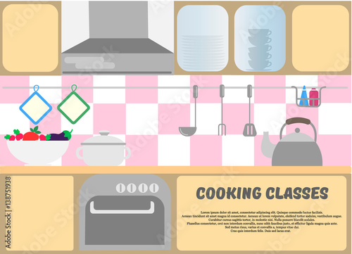 Cooking classes poster. Kitchen, dishes, kitchen equipment, and vegetables in a vase.
