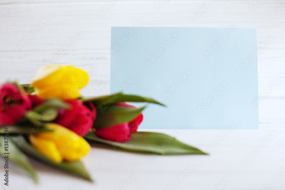 Fototapeta premium Background with spring tulips on a wooden white background. Concept of holiday, birthday, Easter, March 8.