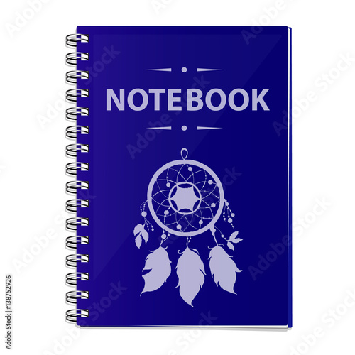 Vector realistic illustration of a blue notebook. Closed notebook with a helical mount. On the cover painted a catcher of dreams.