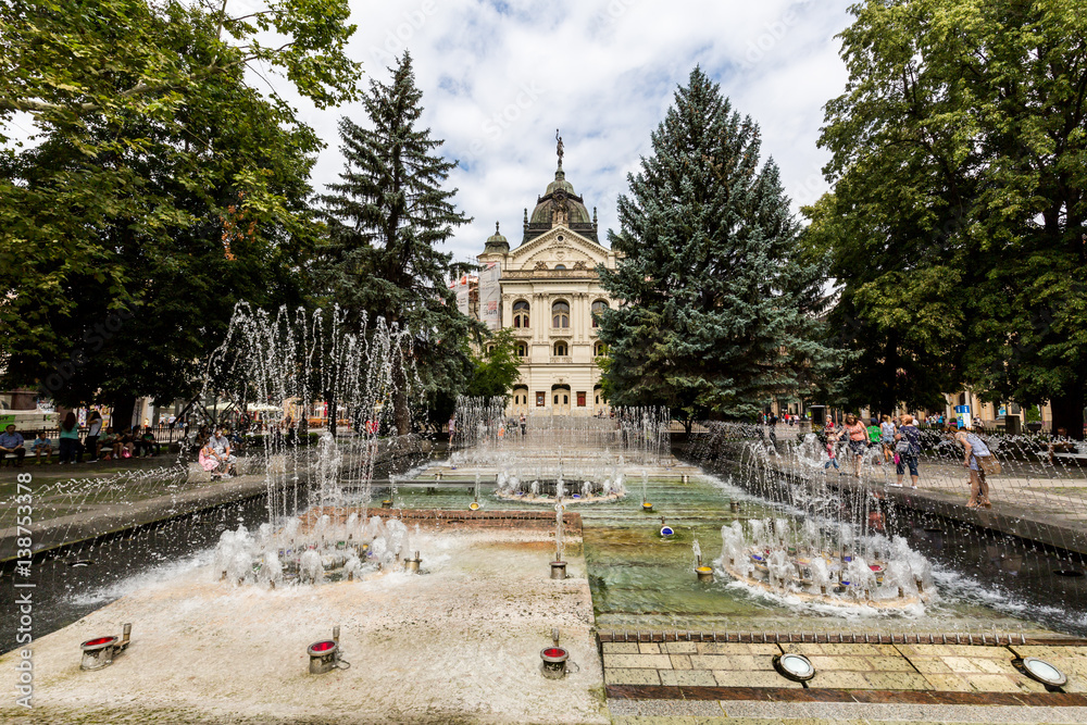 View of the Singing Fountain in the old town part of Kosice in Slovakia