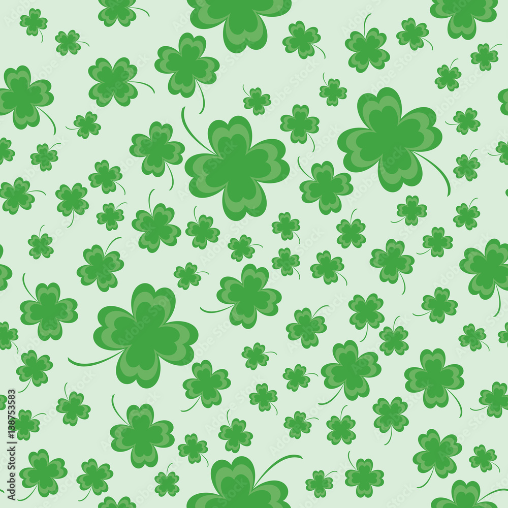 Four Leaf Clover seamless pattern to create a package to the St. Patrick's Day. Green leaves on a light background in a chaotic state. Four Leaf Clover seamless pattern to create a package to the St. Patrick's Day. Green leaves on a light background in a chaotic state.