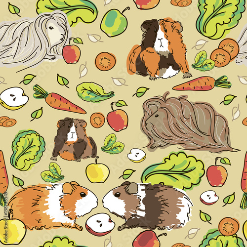 Seamless pattern with guinea pigs. Background with pets and food.