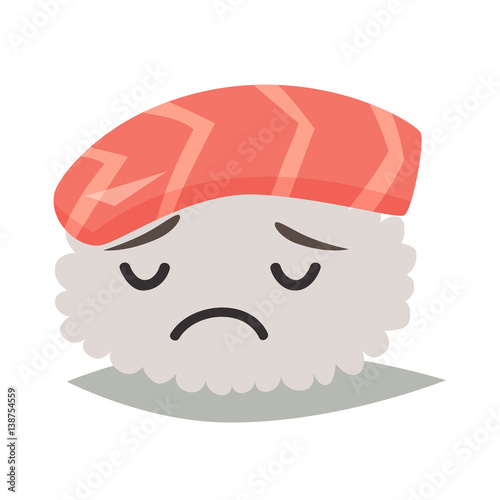 Sashimi sad emoji vector illustration. Cute sad sushi icons. Sashimil whith salmon funny sticker, flat cartoon style. Isolated on white background
