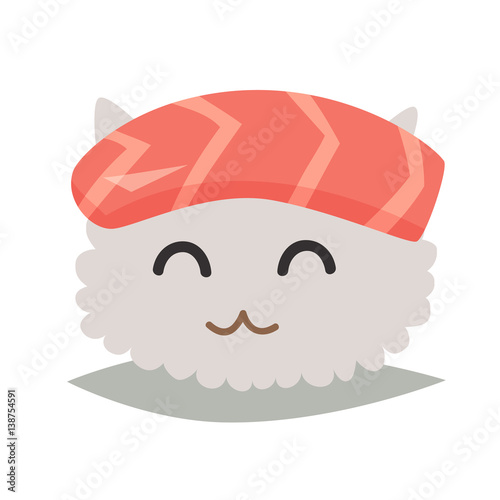 Sashimi happy cat emoji vector illustration. Emoji happy sushi in sunglasses icons. Sashimil whith salmon funny stickers. Food, cartoon style. Sushi isolated on white background