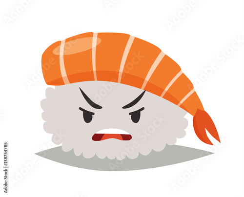 Sashimi angry emoji vector illustration. Cute angry sushi in sunglasses icons. Sashimil whith shrimp funny sticker, flat cartoon style. Isolated on white background