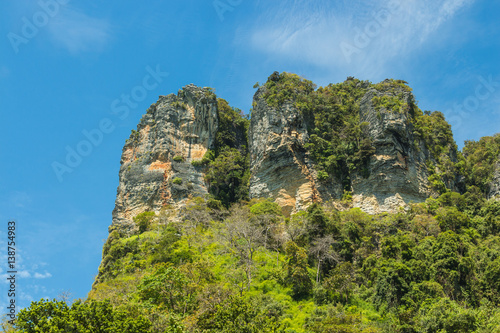 Sea and karst mountains covered with green bushes and trees near Pai Plong Beach, Krabi province, Thailand
