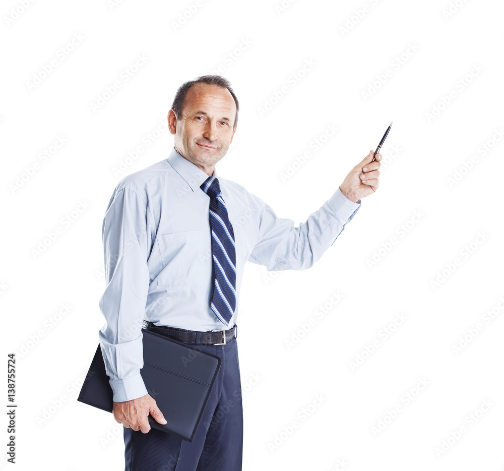 successful businessman with documents in hand on a white background shows a handle on your text successful businessman with documents in hand on a white background shows a handle on your text