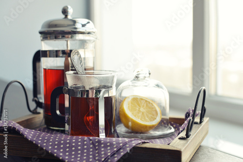 Cups of tea on vintage tray