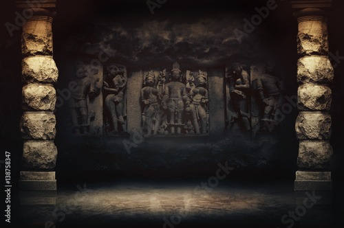 Sculptures of loving couples, illustrating the Kama Sutra on walls of temple.
