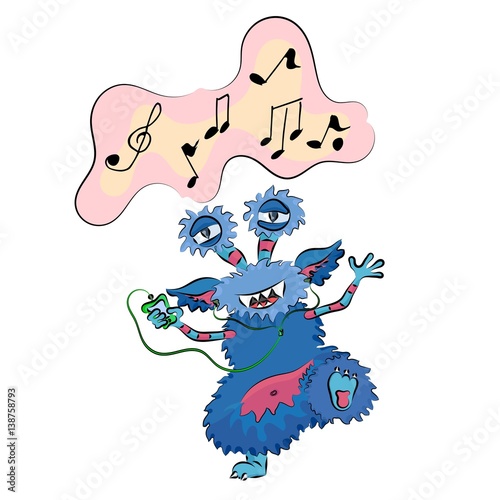 cheerful monster listening to music and dancing