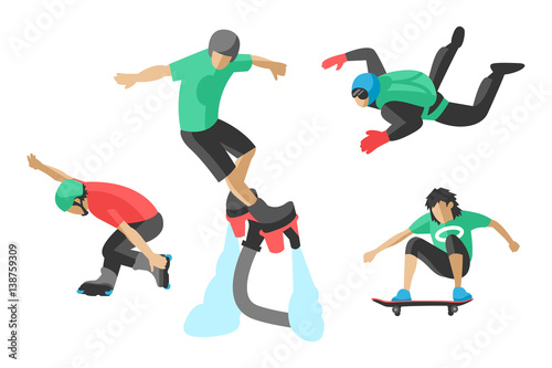 Vector drawing jumping extremesilhouettes illustration life skateboard set speed skydiver skateboarder roller skate wakeboard surfing flyboard