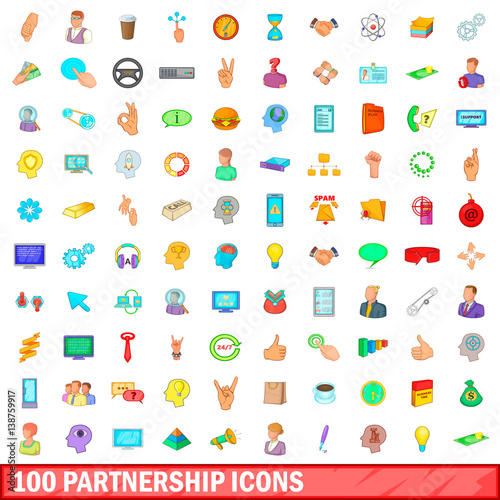 100 partnership icons set, cartoon style