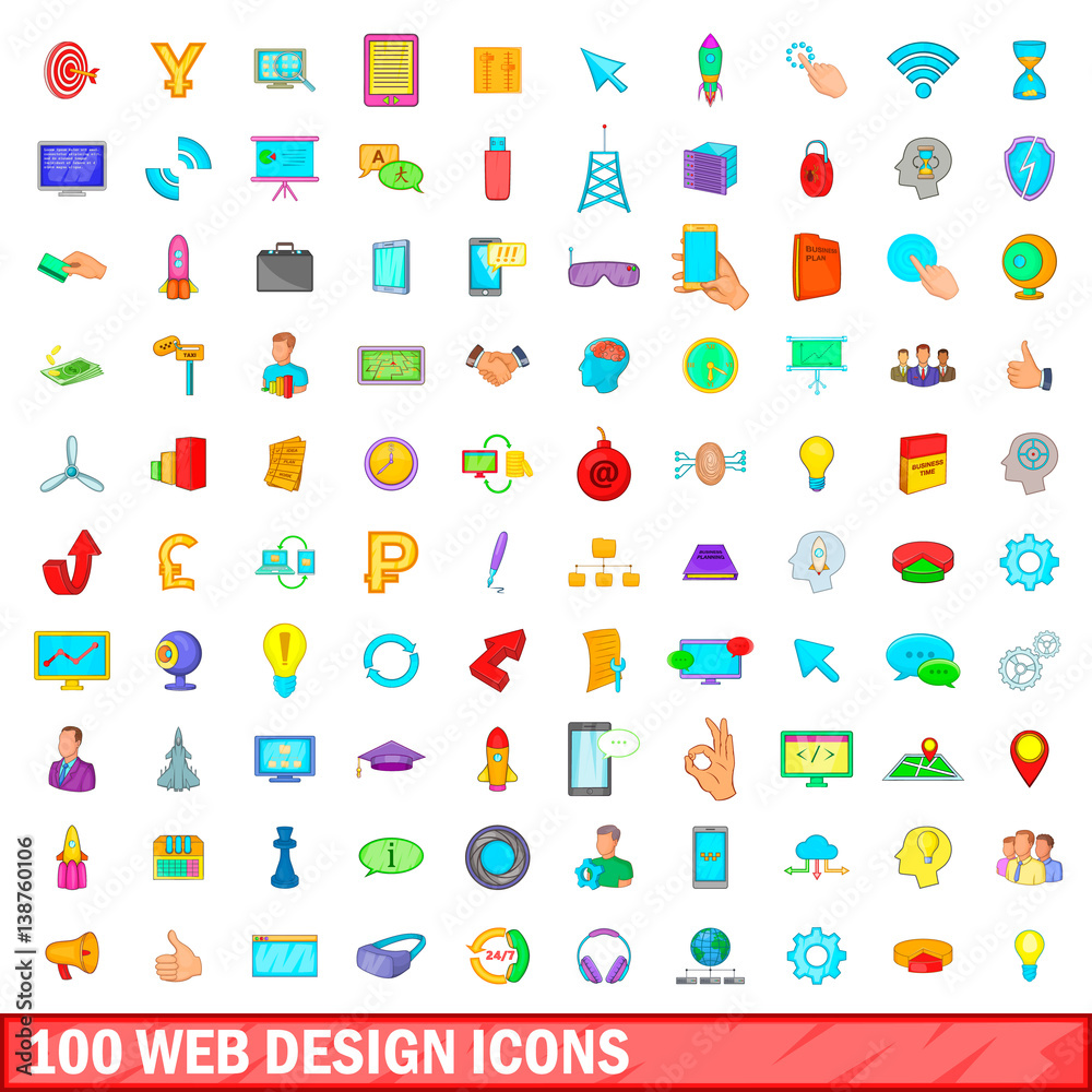 100 web design icons set, cartoon style 100 web design icons set, cartoon style