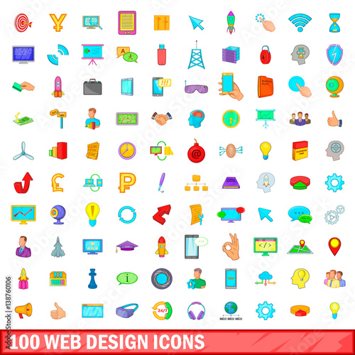 100 web design icons set, cartoon style