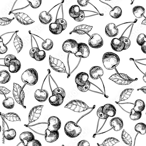 Cherry vector seamless pattern. Isolated hand drawn berry with l
