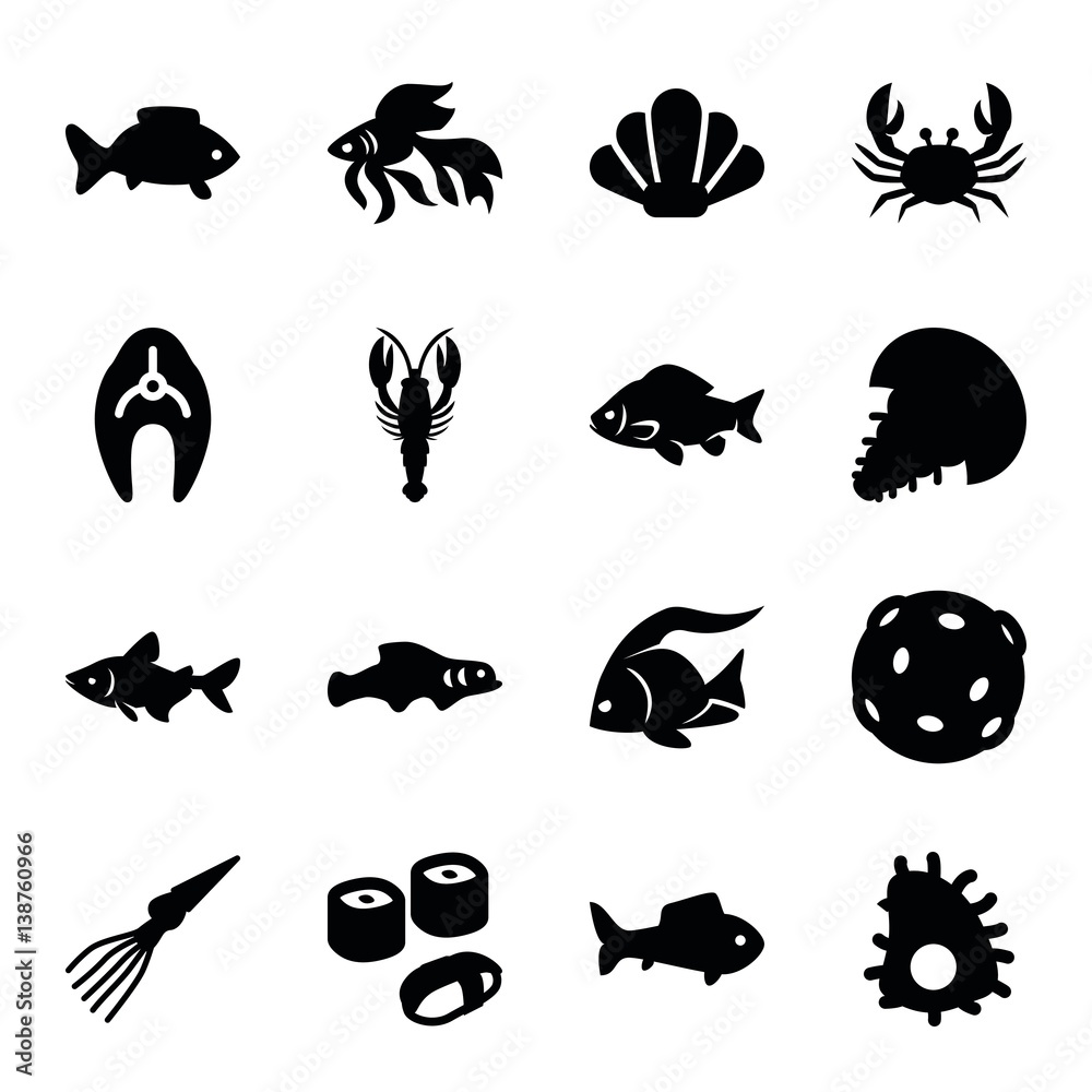 Obraz premium Set of 16 seafood filled icons