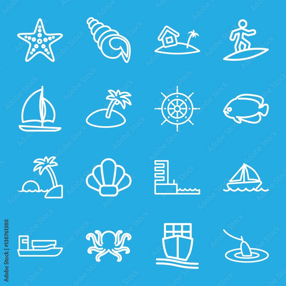 Naklejka premium Set of 16 ocean outline icons