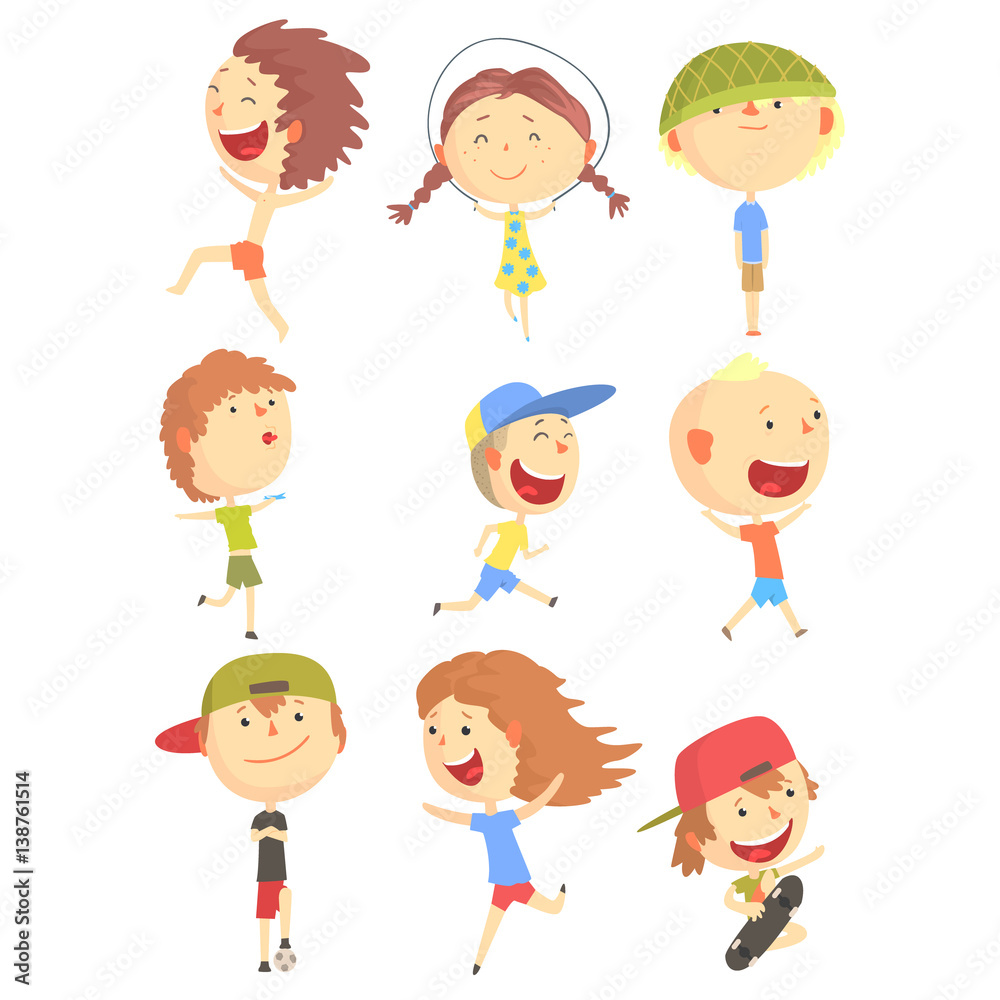 Small Kids Playing And Running, Having Fun On Summer Vacation Outdoors Series Of Cool Cartoon Characters Small Kids Playing And Running, Having Fun On Summer Vacation Outdoors Series Of Cool Cartoon Characters