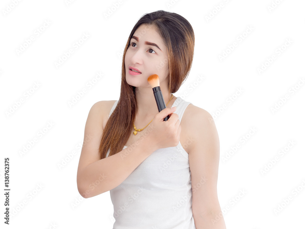 asian beautiful woman applying cosmetic powder brush on smooth face isolated on white background. skincare, cosmetology concept. asian beautiful woman applying cosmetic powder brush on smooth face isolated on white background. skincare, cosmetology concept.