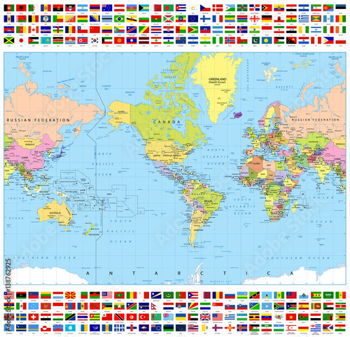 Fototapeta Światowa mapa polityczna Ameryki i wszystkie flagi świata