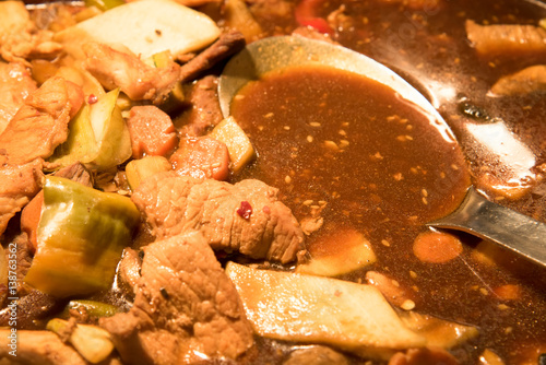 Goulash Beef stew in a pot . photo