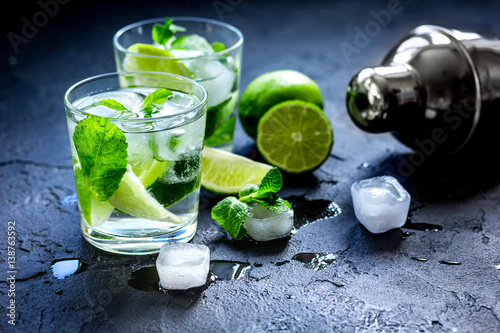 mojito in glass on dark background close up