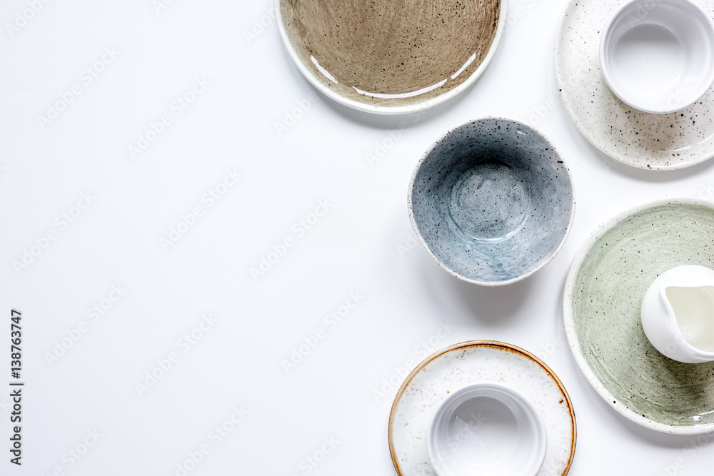 ceramic tableware top view on white background mock up ceramic tableware top view on white background mock up