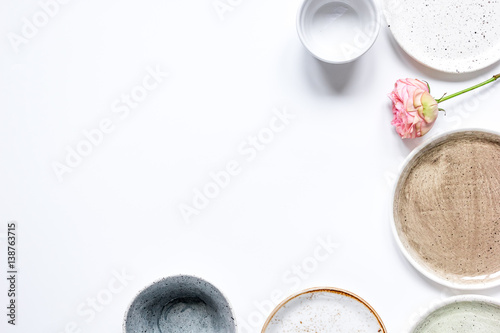 ceramic tableware top view on white background mock up