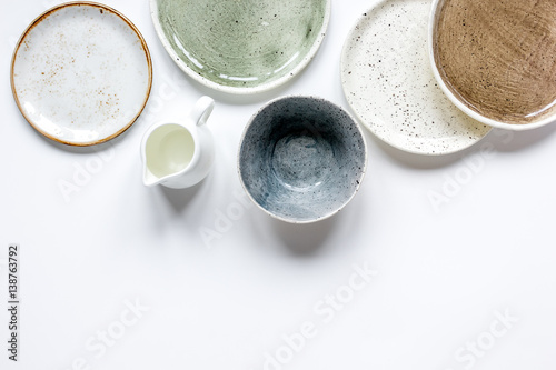Schilderij op canvas ceramic tableware top view on white background mock up