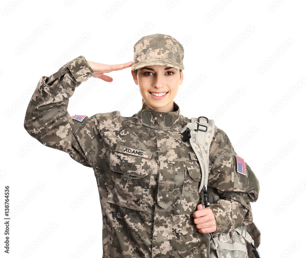 Saluting female soldier on white background Saluting female soldier on white background
