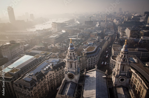 rooftop view over London on a foggy day from St Paul's cathedral, UK